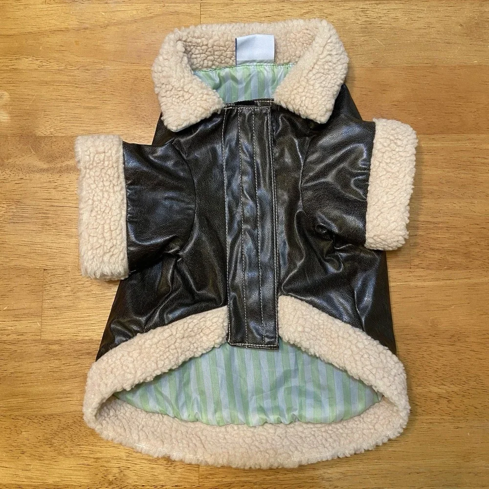 Disney Pets Dog Coat Pluto Large Faux Leather Aviator Brown Jacket Fleece Trim L
